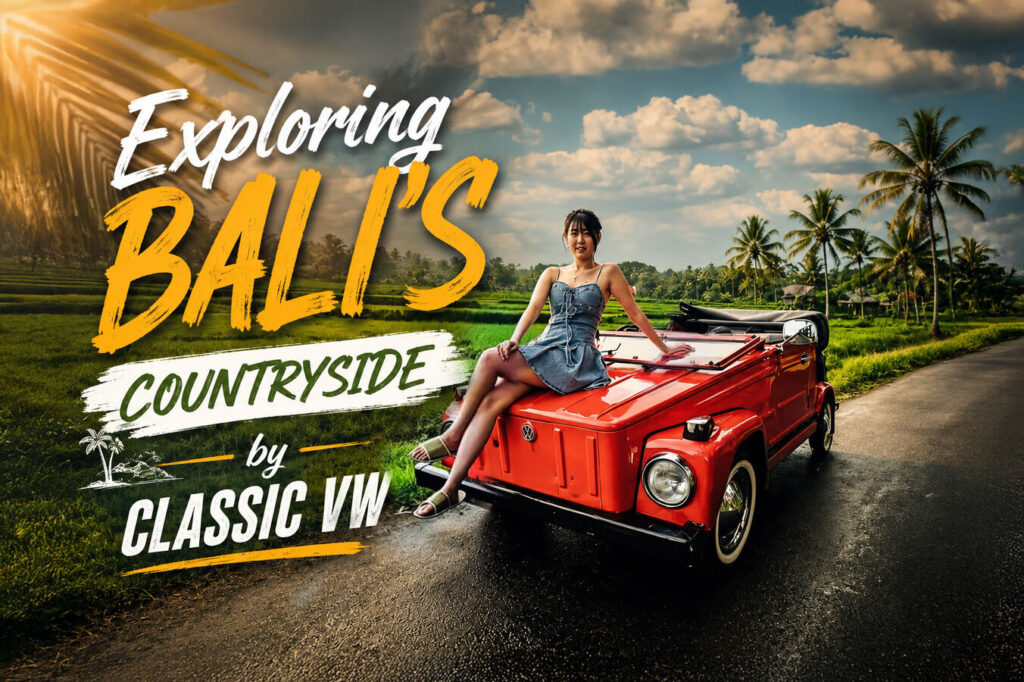 Exploring the Bali countryside with a classic VW tour through scenic villages, rice fields, and tropical landscapes