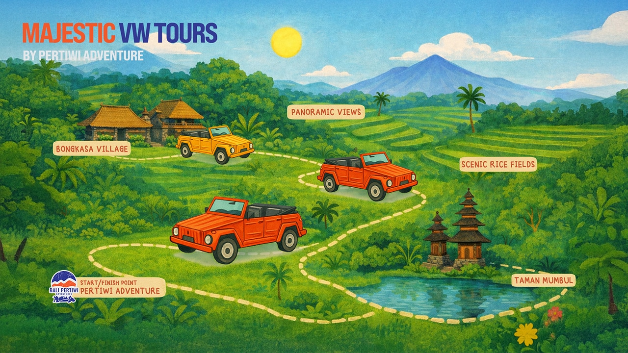 Route map for Majestic VW Tours by Pertiwi Adventure featuring scenic Bali countryside destinations and tour paths