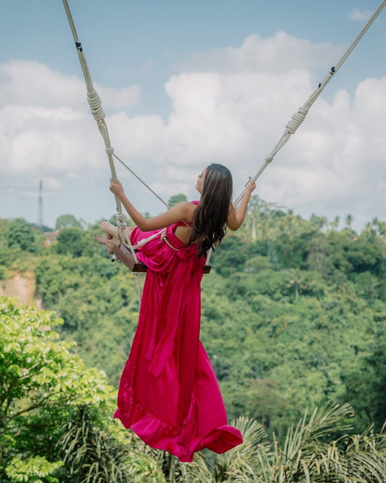 Outdoor jungle swing platform with breathtaking valley landscape