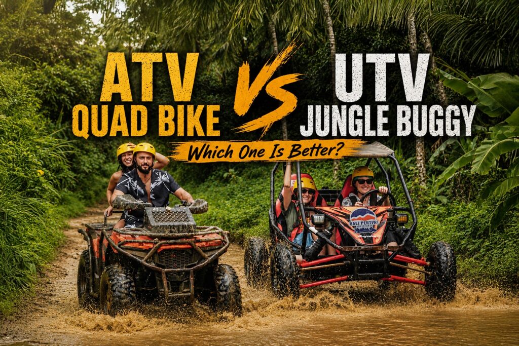 Comparison between ATV quad bike and UTV jungle buggy adventures at Pertiwi Adventure in Bali