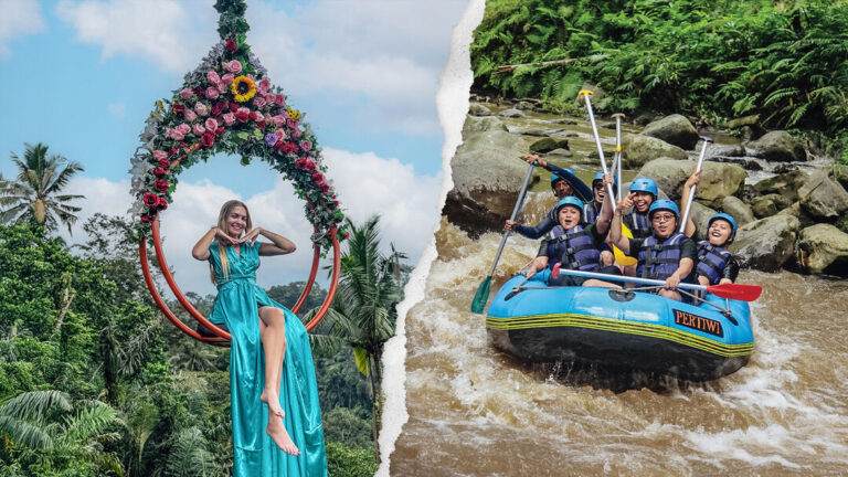 Pertiwi Adventure Bali jungle swing and rafting combo package with Ayung River rafting adventure and scenic tropical swing experience in Bali