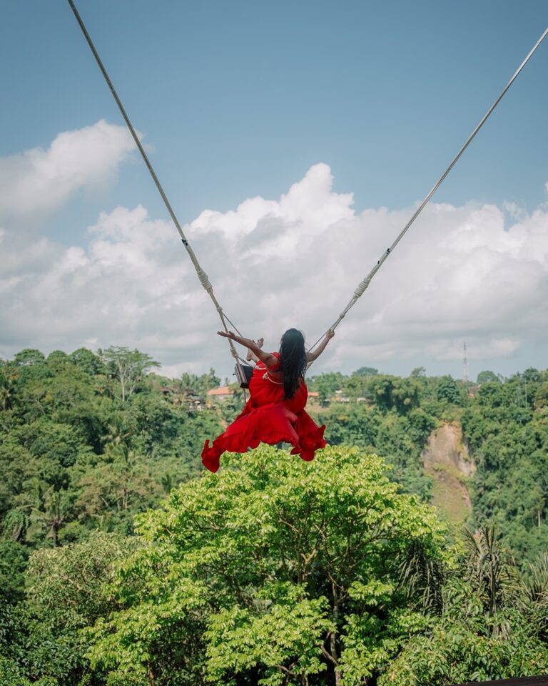Adventure swing soaring above tropical greenery and natural landscape