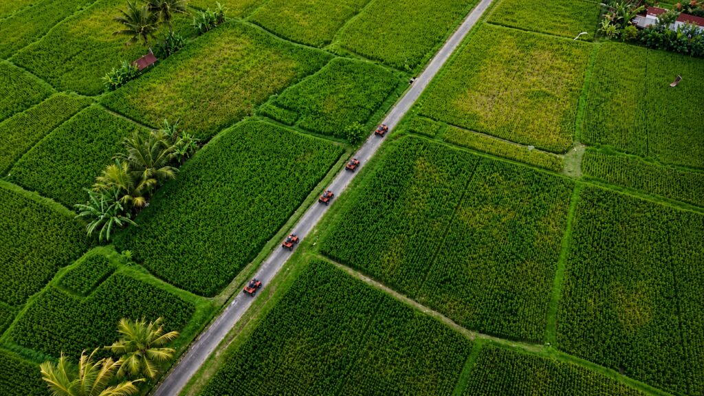 Drone view of ATV quad bike riders crossing scenic rice fields and tropical landscapes at Pertiwi Adventure Bali