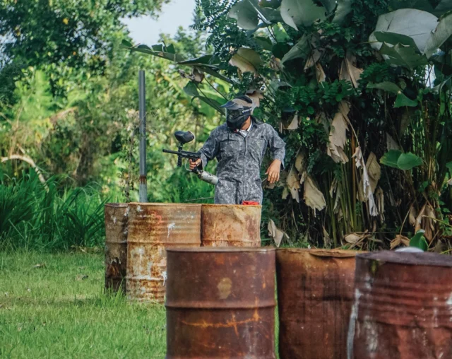 Hide. Aim. Make your move. Every corner becomes part of the game. Trees. Barrels. Tropical terrain. And plenty of places to plan your next move. It’s not just about shooting paint — it’s strategy, teamwork, and having way too much fun with your crew. Step into one of Bali’s biggest tropical paintball arenas. Get instant quote and exclusive direct online offer on our website.